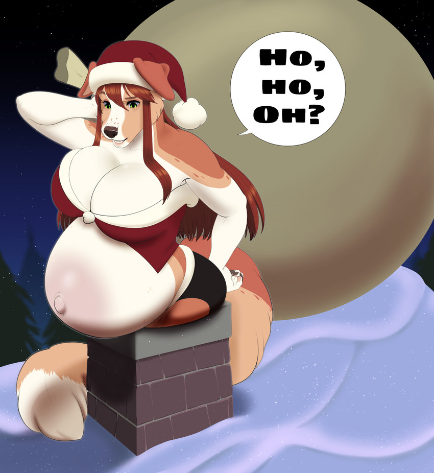 anthro bag belly belly_blush big_belly big_breasts black_claws black_nose blush body_blush breasts brown_body brown_fur brown_hair butt chimney christmas_clothing christmas_headwear claws cleavage clothed clothing dialogue female fingers fur fur_trim_(clothing) hair hat headgear headwear holding_bag holding_object holidays in_chimney long_hair looking_down multicolored_body multicolored_fur navel night outie_navel outside panties pregnant pregnant_anthro pregnant_female question_mark rooftop santa_hat snow solo speech_bubble strapless_clothing strapless_topwear stuck stuck_in_chimney text topwear two_tone_body two_tone_fur underwear white_body white_fur pregoo christmas mckaylah australian_shepherd canid canine canis domestic_dog herding_dog mammal pastoral_dog sheepdog 2020 digital_media_(artwork) english_text hi_res