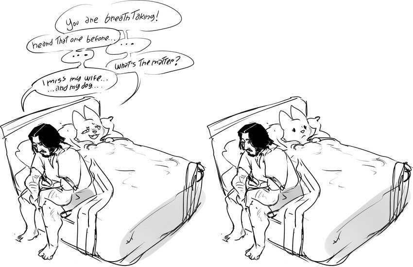 after_sex anthro bed bed_sheet bedding biped dialogue duo furniture humor lying lying_on_bed male on_bed realization simple_background sitting speech_bubble text white_background noctoc dreamworks john_wick the_bad_guys diane_foxington john_wick_(character) keanu_reeves canid canine fox human mammal 2022 absurd_res crossover digital_media_(artwork) english_text hi_res monochrome sketch