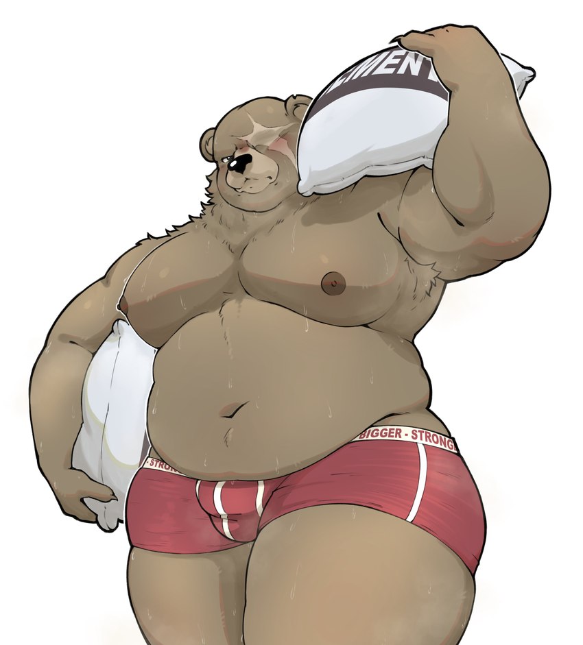 anthro armpit_hair belly blush body_hair boxer_briefs boxer_briefs_only brown_body bulge carrying_another clothed clothing eye_scar facial_scar holding_object male moobs overweight overweight_male red_boxer_briefs red_clothing red_underwear scar shoulder_carry simple_background solo text topless underwear underwear_only white_background mightyoceano mihoyo zenless_zone_zero ben_bigger bear mammal 2024 absurd_res english_text hi_res