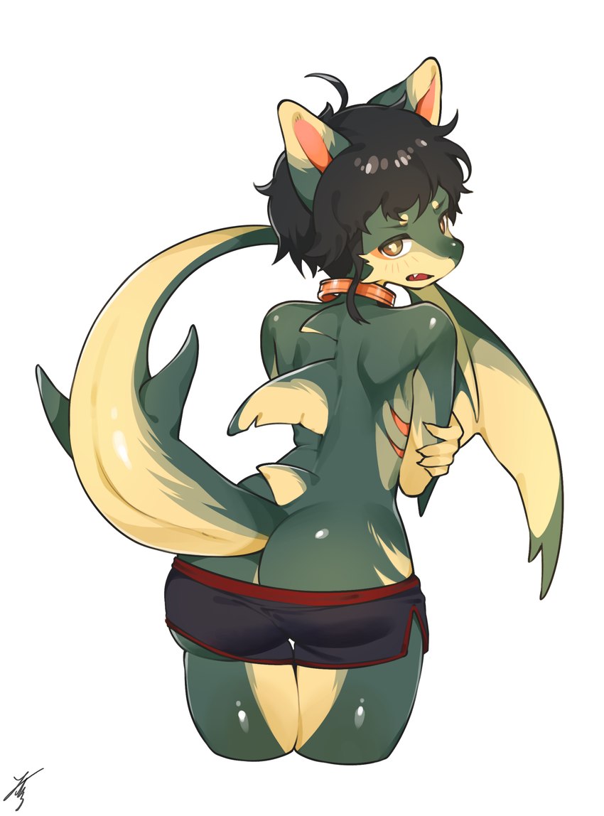 anthro black_hair blush blush_lines bottom_heavy bottomwear bubble_butt butt clothed clothing collar femboy fin glistening glistening_body glistening_butt glistening_thighs green_body hair kemono looking_at_viewer looking_back loose_collar male open_mouth pants_only partially_clothed presenting raised_tail rear_view self_hug shark_tail short_hair shorts slim solo stripes tail tail_on_shoulder teeth topless underwear underwear_down watermarked_at_source wide_hips jiu5 caelan_(nmor_who) fish marine shark 2025 absurd_res colored digital_drawing_(artwork) digital_media_(artwork) hi_res portrait shaded signature three-quarter_portrait