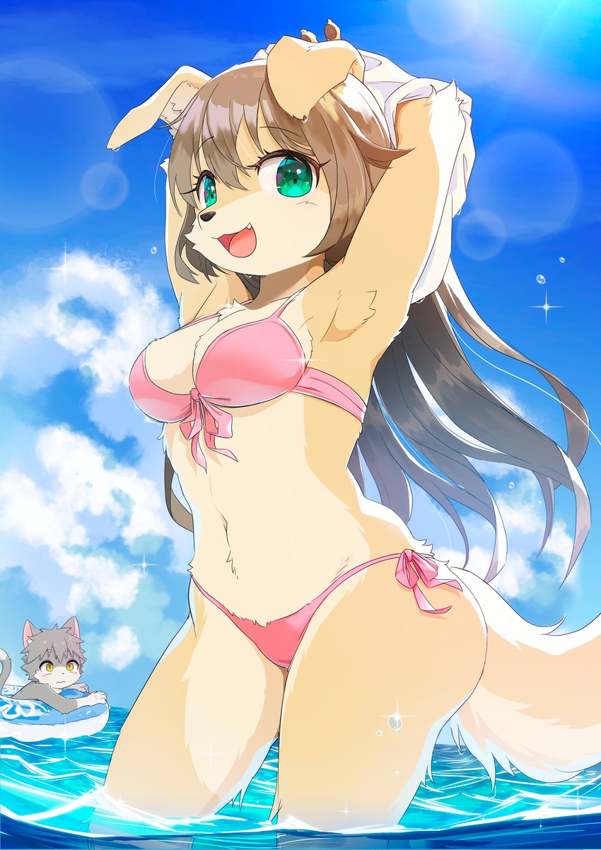 age_difference anthro anthro_focus bikini blush breasts brown_hair claws clothed clothing cloud countershading cute_fangs day duo fangs female female_anthro female_focus finger_claws floppy_ears fur green_eyes grey_body grey_fur grey_hair hair hands_behind_head inflatable inner_tube kemono lens_flare long_hair looking_at_another looking_at_viewer male male_anthro multicolored_body multicolored_fur older_female open_mouth open_smile outside partially_submerged pawpads pupils raised_arm sea short_hair sky slit_pupils smile smiling_at_viewer solo_focus swimwear tail tan_body tan_fur teeth tongue two-piece_swimsuit two_tone_body two_tone_fur water white_body white_fur yellow_eyes younger_male konazarame canid canine canis domestic_cat domestic_dog felid feline felis mammal 2022 absurd_res digital_media_(artwork) hi_res portrait three-quarter_portrait