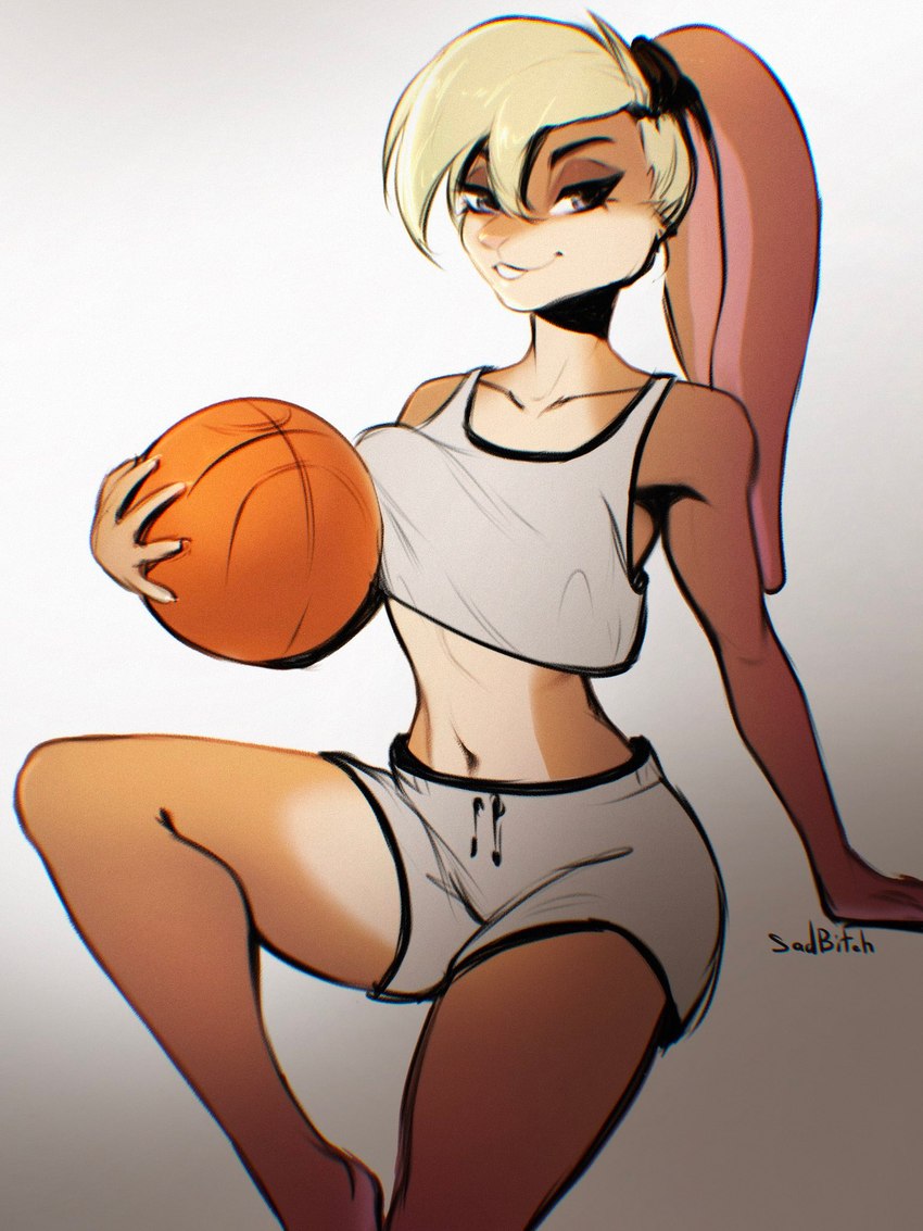 anthro ball basketball_(ball) blonde_hair blue_eyes bottomwear breast_squish breasts clothing crop_top female hair shirt shorts smile solo sportswear squish topwear conditional_dnp sadbitch looney_tunes warner_brothers lola_bunny lagomorph leporid mammal rabbit 3:4 hi_res