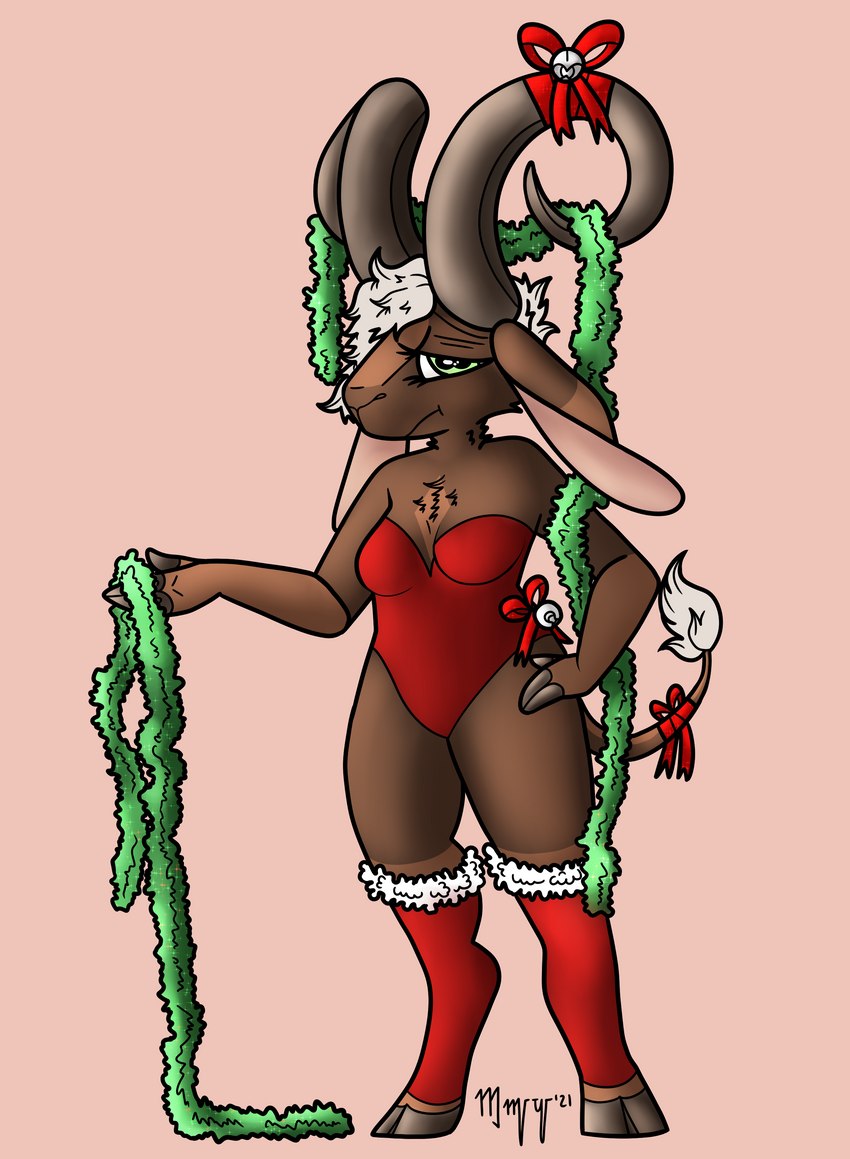 anthro bell bow_(feature) clothed clothing female frown hair horn legwear looking_at_viewer one_piece_suit ramantha ribbons simple_background solo standing stockings tinsel ahotandsweatydog bovid caprine goat mammal 2021 absurd_res hi_res