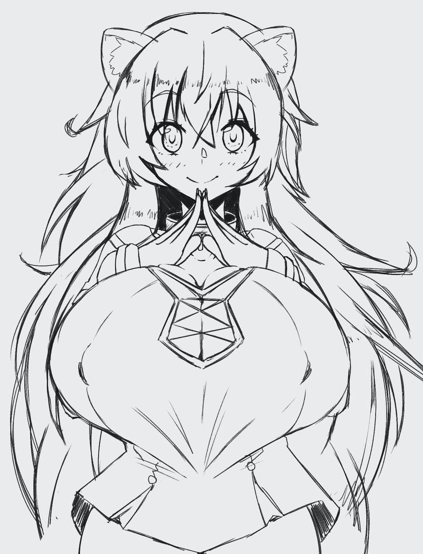 big_breasts breasts cleavage cleavage_cutout clothed clothing cutout female hair huge_breasts long_hair nipple_outline simple_background smile solo zozo_draws the_rising_of_the_shield_hero raphtalia animal_humanoid canid canid_humanoid canine canine_humanoid humanoid mammal mammal_humanoid tanuki_humanoid hi_res monochrome