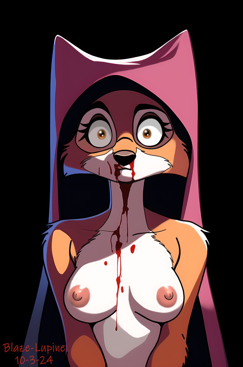 anthro areola black_background blood blood_in_mouth blood_on_chest blood_on_face bodily_fluids breasts clothing female fur implied_murder looking_at_viewer mostly_nude nipple_dip nipples nosebleed simple_background solo soul_devouring_eyes standing veil veil_only blaze-lupine disney robin_hood_(disney) maid_marian canid canine canis fox mammal red_fox true_fox digital_media_(artwork) hi_res