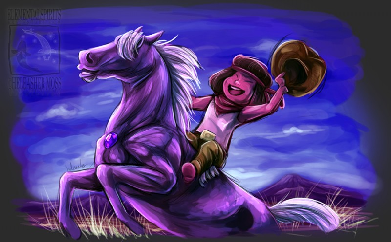 belt_buckle buckle clothed clothing cowboy duo eyes_closed feral fully_clothed hair hat headgear headwear kerchief neckerchief neckwear on_hind_legs outside riding smile elementalspirits cartoon_network steven_universe amethyst_(steven_universe) ruby_(steven_universe) alien alien_humanoid amethyst_(gem_species) equid equine gem_(species) horse humanoid mammal quartz_(gem_species) ruby_(gem_species) digital_media_(artwork)