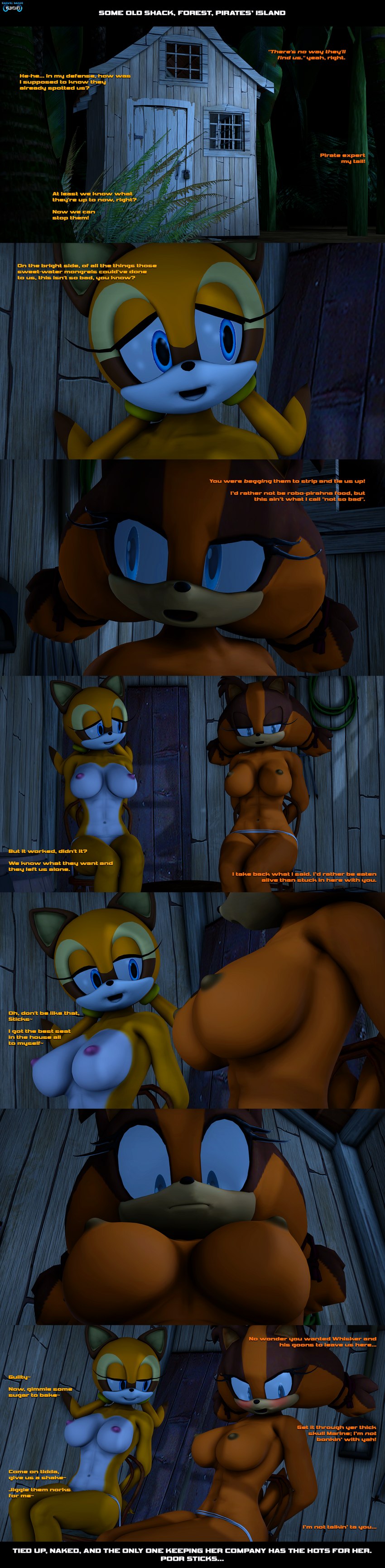 admiring anthro bdsm big_breasts blush bondage bound breasts chair chair_bondage dialogue duo female female/female forest furniture implied_lesbian kidnapping nipples nude ogling plant shack shed text tied_to_chair tree daveman1000 sega sonic_boom sonic_the_hedgehog_(series) marine_the_raccoon sticks_the_jungle_badger badger mammal mustelid musteline procyonid raccoon 3d_(artwork) absurd_res digital_media_(artwork) english_text hi_res long_image tall_image