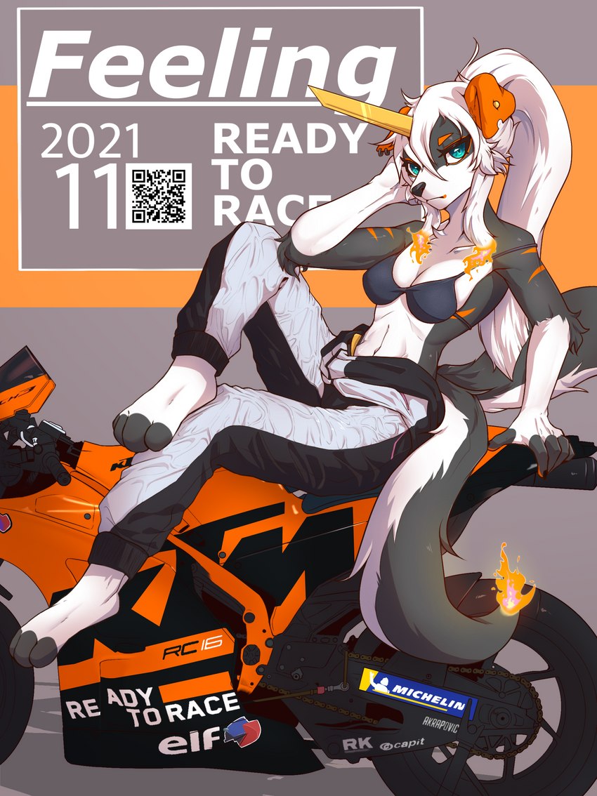 2_tails anthro arm_support arm_tuft barefoot blue_eyes bra breasts clothed clothing decal ear_piercing elbow_tuft eyebrows feet female fingerless_(marking) fire flaming_hair flaming_tail floppy_ears frown hair horn jumpsuit leaning_on_elbow long_hair looking_at_viewer metal_horn motorcycle multi_tail navel notched_ear on_vehicle orange_eyebrows orange_stripes partially_clothed piercing ponytail pose pseudo_hair qr_code raised_leg serious shadow sitting solo stripes tail toeless_(marking) tuft underwear vehicle white_hair ricky945 ktm michelin canid canine canis mammal wolf 2021 absurd_res cover full-length_portrait hi_res magazine_cover pinup portrait