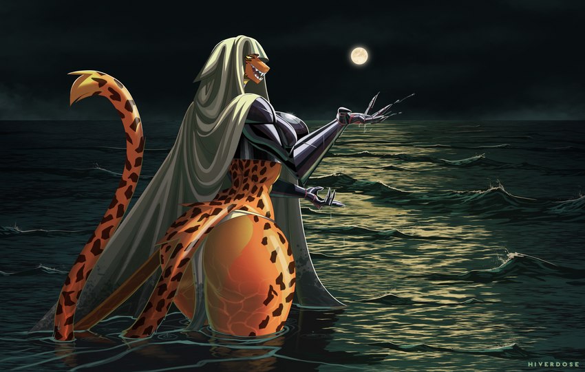 anthro armored_gloves big_butt bottomwear butt cloak clothing fangs female fur hood_up light loincloth long_tail markings moonlight presenting presenting_hindquarters sea solo spots spotted_body spotted_fur tail teeth thick_thighs water hiverdose xplaysx lieren_(last_fables) felid mammal hi_res