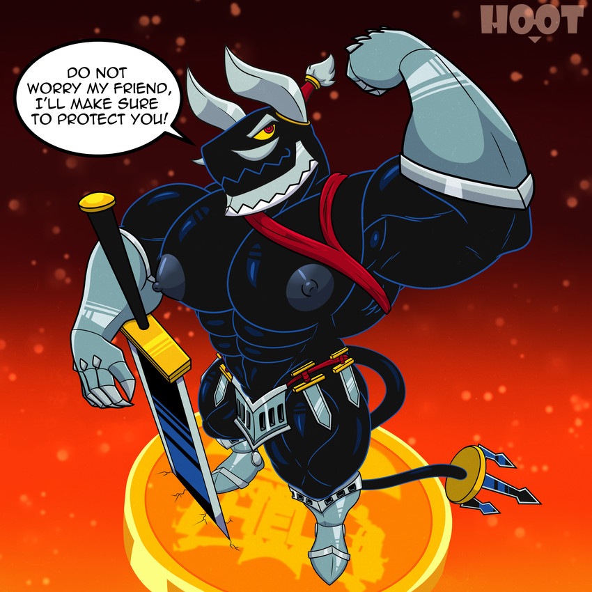 abs anthro clothing horn looking_at_viewer male melee_weapon muscular muscular_anthro muscular_male nipples pecs simple_background solo sword tail text weapon dg254 kings_of_hell furcas_(kings_of_hell) demon mammal 1:1 absurd_res digital_media_(artwork) english_text hi_res