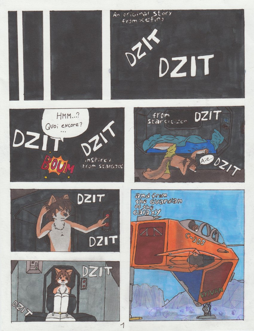 alarm alien_planet anthro bottomwear clothed clothing dialogue male pants solo spacecraft speech_bubble text topless vehicle waking_up xefino stargate the_adventure_of_xefino adrien_warmher artesian canid canine canis fox hybrid mammal wolf absurd_res comic english_text french_text hi_res traditional_media_(artwork)