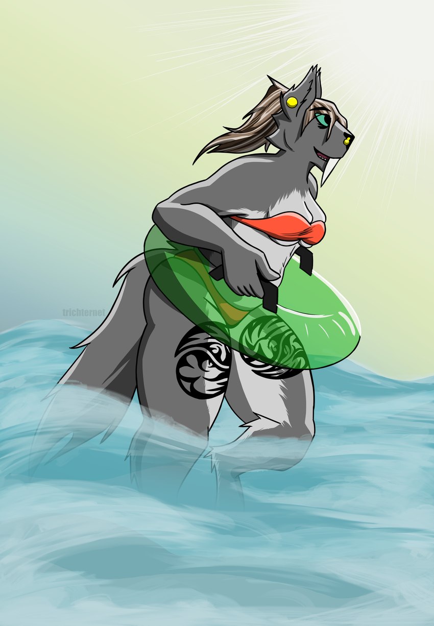 anthro bikini breast_squish breasts butt clothing fangs female floaty leg_tattoo pool_toy running sabertooth_(anatomy) sea solo squish sun swimwear tattoo teeth thick_thighs two-piece_swimsuit water trichternet rhea_(trichternet) felid hybrid mammal prehistoric_species saber-toothed_tiger absurd_res hi_res trans_(lore) trans_woman_(lore)