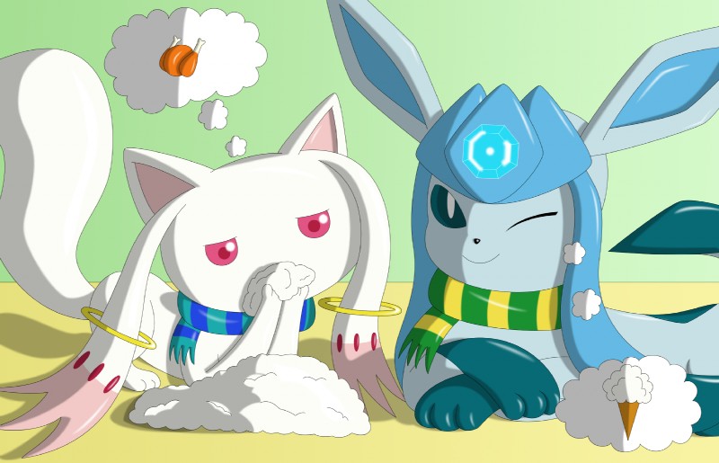 ambiguous_gender duo feral johnbrain93 nintendo pokemon puella_magi puella_magi_madoka_magica kyubey eeveelution generation_4_pokemon glaceon incubator_(puella_magi) pokemon_(species) crossover hi_res