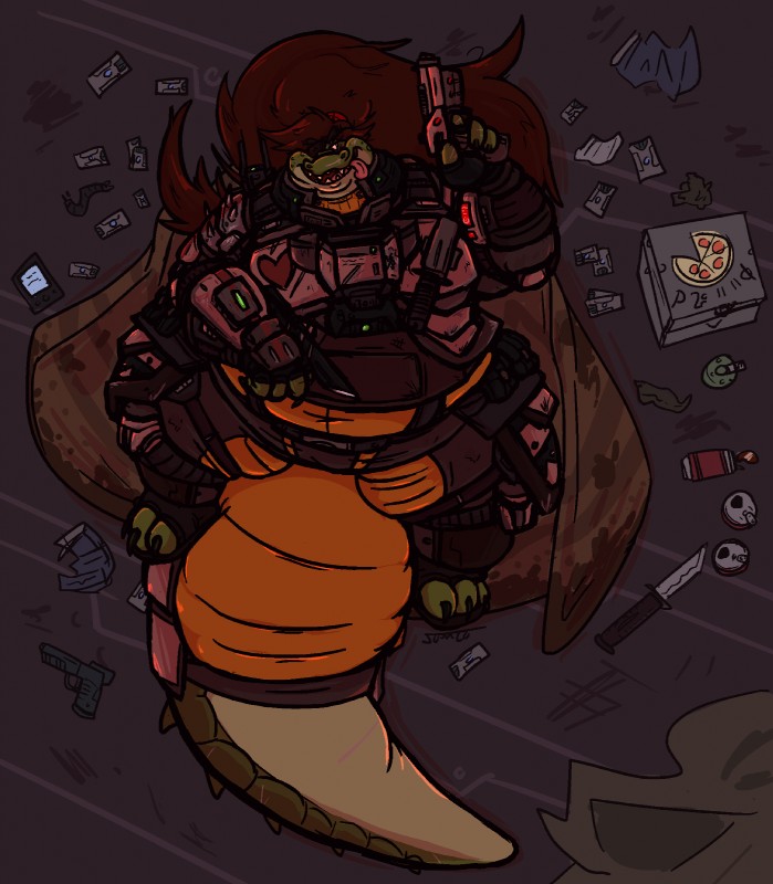 anthro belly beverage_can brown_hair chubby_cheeks claws clothed clothing container eye_patch eyewear female green_body green_scales gun hair holding_object holding_weapon jumpsuit knife lying on_back open_mouth open_smile overweight overweight_anthro overweight_female pizza_box ranged_weapon scales smile solo tail thick_tail thick_thighs toe_claws tongue tongue_out weapon wide_hips kikatsu alma_ruiz crocodilian reptile scalie hi_res