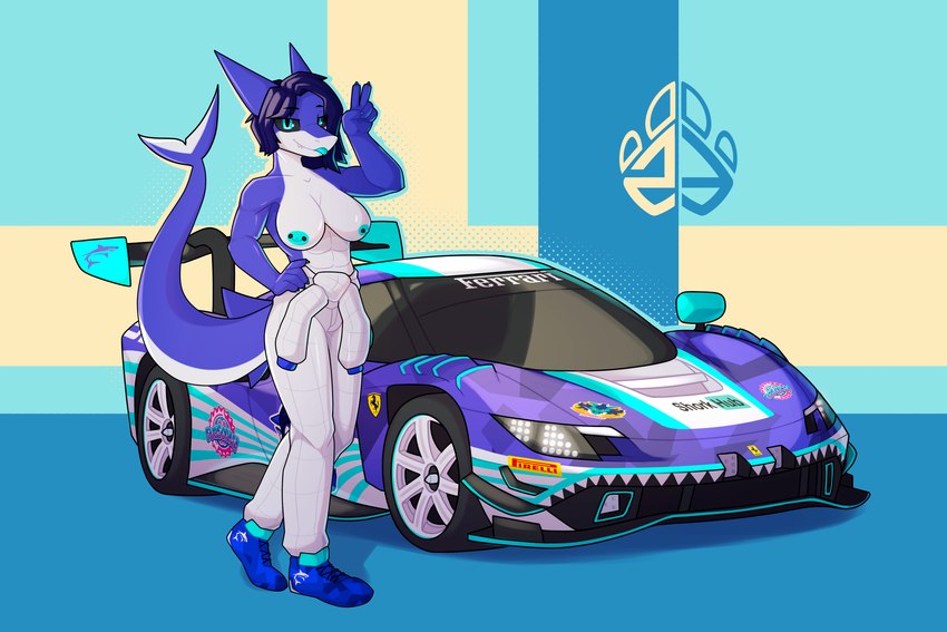 anthro big_breasts breasts car clothed clothing female footwear gesture hand_gesture motor_vehicle partially_clothed race_car racing_suit shoes solo sports_car tail thick_tail v_sign vehicle newt_trz ferrari ferrari_296_gt3 fursodas pirelli suzuka_takahashi fish marine shark 3:2 hi_res