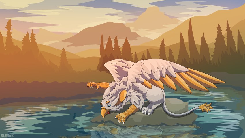 beak claws feathers feral fishing forest forest_background fur male nature nature_background paws plant solo tail tree white_body white_fur wings yellow_body yellow_feathers blen4k mythology avian gryphon mythological_avian mythological_creature 16:9 2022 4k absurd_res hi_res widescreen