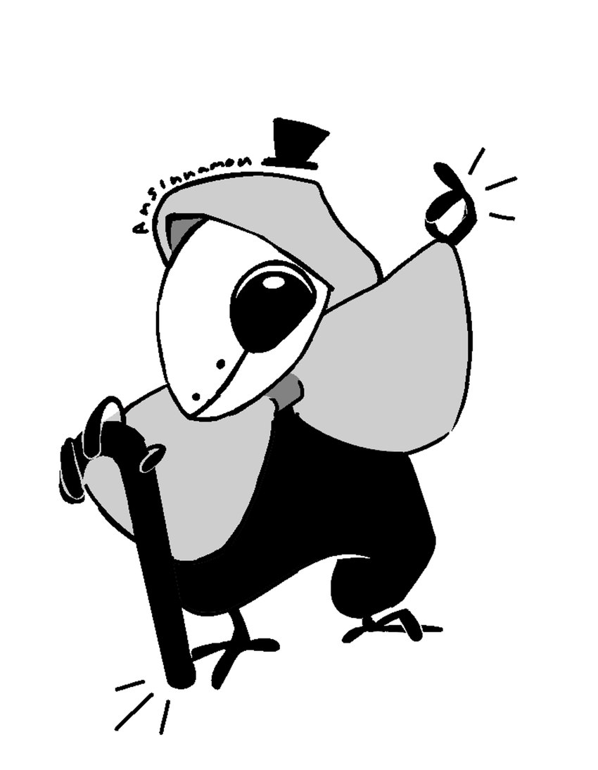 ambiguous_gender animal_mask beak beak_mask big_eye big_eyes chibi cloak clothing mask plague_doctor simple_background simple_coloring simple_eyes smile smiley_face snapping snapping_fingers solo tap_dancing toony arsinnamon absurd_res black_and_white hi_res monochrome signature sketch