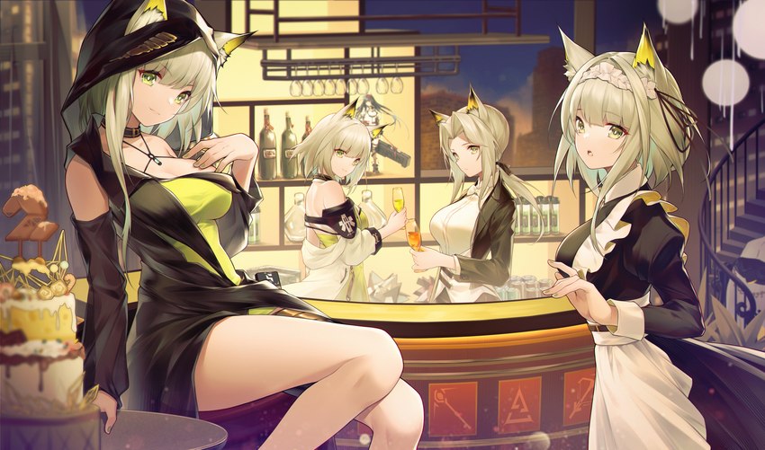 accessory apron bar blonde_hair bottle breasts choker clothing container detailed_background female group hair hair_accessory hood inner_ear_fluff inside jacket jewelry looking_at_viewer maid_headdress maid_uniform necklace night open_mouth ponytail sitting smile surprise topwear tuft uniform window jiusan_naitan arknights hypergryph studio_montagne kal'tsit_(arknights) animal_humanoid felid felid_humanoid humanoid mammal mammal_humanoid 2021 absurd_res hi_res