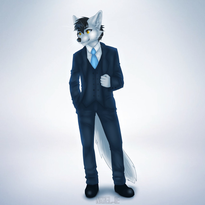 anthro black_eyebrows black_hair black_nose bottomwear clothed clothing eyebrows footwear fur hair inner_ear_fluff male necktie pants shirt shoes simple_background solo standing suit tail topwear tuft whiskers white_background white_body white_fur white_inner_ear_fluff yellow_eyes nayel-ie canid canine canis mammal wolf 1:1