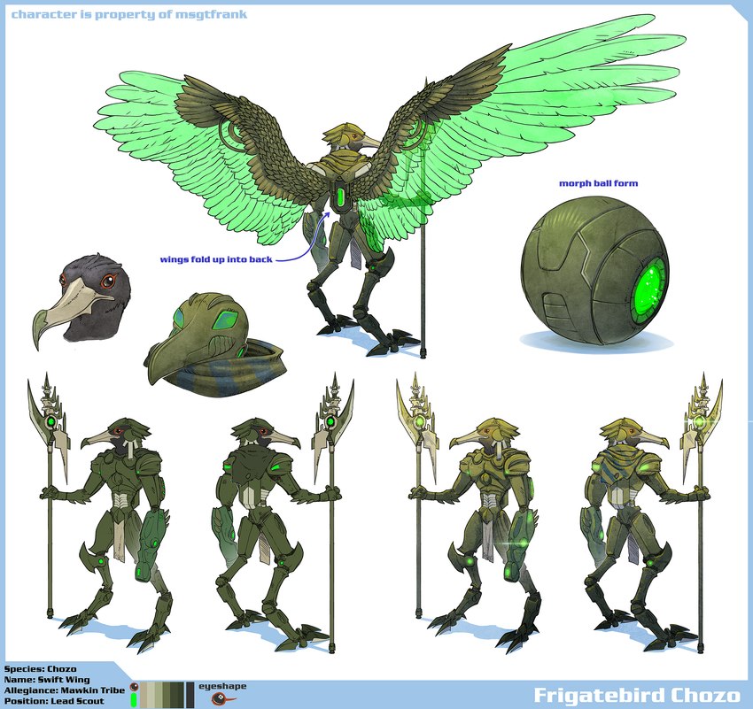 3_fingers anthro arm_armor arm_cannon armor beak black_body black_eyes black_feathers bottomwear clothing color_swatch cuirass feathered_wings feathers female fingers furgonomic_headwear furgonomics gauntlets gloves glowing glowing_armor green_armor green_body green_feathers handwear holding_object holding_weapon hooked_beak looking_back looking_forward machine melee_weapon morph_ball pauldron polearm power_armor rerebrace shawl solo spear standing text text_on_bottomwear text_on_clothing three-quarter_view translucent translucent_body translucent_feathers weapon wings ashpond metroid nintendo fan_character swift_wing_(msgtfrank) avian chozo magnificent_frigatebird 2024 absurd_res character_name commissioner_name detailed digital_drawing_(artwork) digital_media_(artwork) english_text hi_res model_sheet species_name