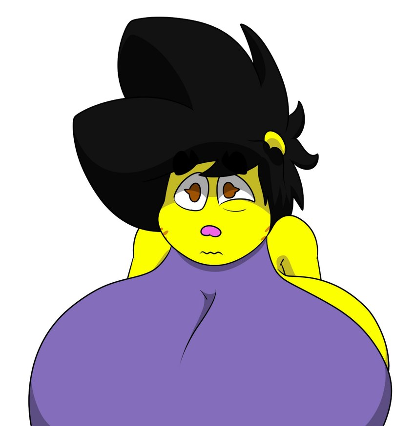 anthro big_breasts black_hair breasts brown_eyes disgust female hair huge_breasts pink_nose solo yellow_body kuge piku_(kuge) caviid guinea_pig mammal rodent hi_res