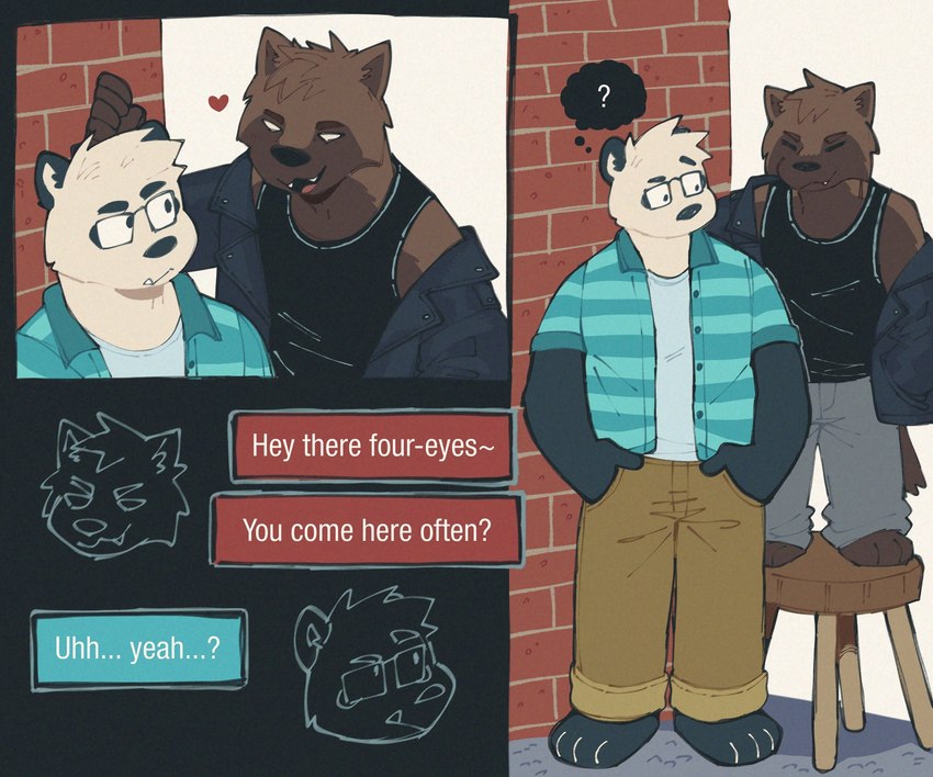 anthro biped black_nose bottomwear brown_body clothing dialogue duo eyewear glasses heart_symbol humor male pants question_mark shirt size_difference text topwear dustifang bear giant_panda gulonine mammal mustelid musteline wolverine 2024 english_text hi_res