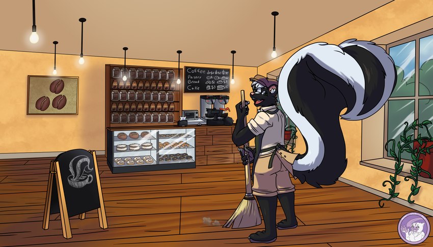 apron bakery bean beverage bread cafe cake clothing coffee coffee_bean cookie dessert food male pasteries sweeping hyperchibiabsol mammal mephitid skunk 7:4 absurd_res hi_res