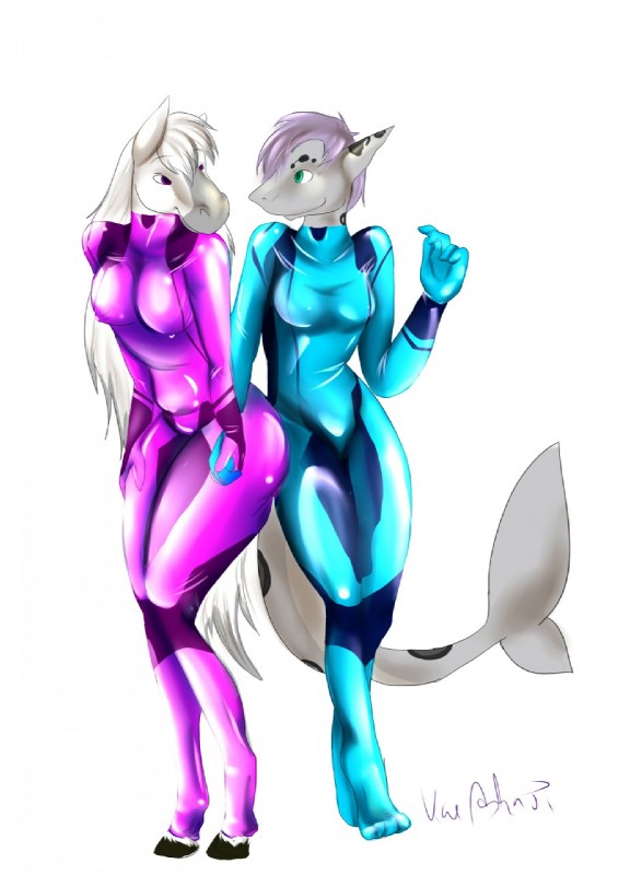 anthro breasts duo female female/female hair hand_holding hooves latex pose kaeaskavi nintendo equid equine fish horse mammal marine shark hi_res