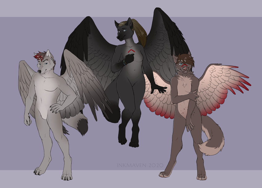 4_toes 5_fingers anthro black_body black_feathers breasts brown_hair feathered_wings feathers featureless_breasts featureless_crotch feet female fingers hair male nude toes wings inkmaven canid canine canis mammal wolf 2020 digital_media_(artwork)