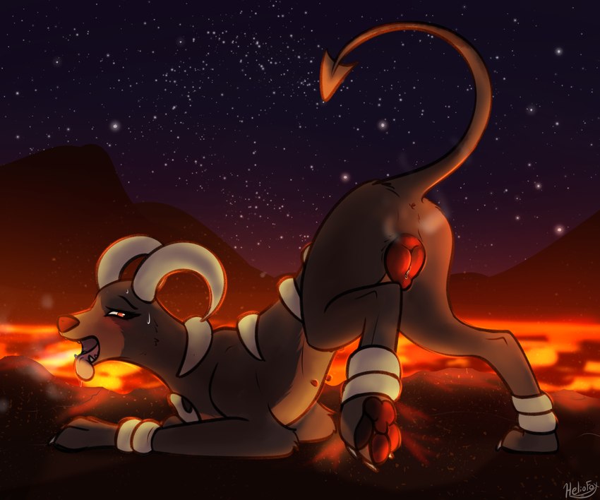 3_toes animal_genitalia animal_vulva anus ass_up blush bodily_fluids butt canine_genitalia canine_vulva detailed_background digitigrade dripping feet female feral fire fur genital_fluids genitals horn in_heat lava looking_at_viewer night nipples open_mouth outside pawpads paws presenting presenting_hindquarters presenting_vulva quadruped raised_tail rear_view seductive sky solo star starry_sky steam sweat tail teasing toes tongue tongue_out vaginal_fluids volcano vulva heliofox nintendo pokemon canid canine generation_2_pokemon houndoom mammal pokemon_(species) 6:5 better_version_at_paywall digital_media_(artwork)