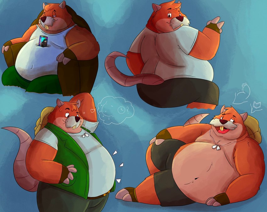 anthro belly big_belly bottomwear brown_body chubby_cheeks clothing facial_hair hat headgear headwear male mustache overweight overweight_male pants shirt sitting solo topwear chubbymeel brok_the_investigator cowcat_games tramp_(brok_the_investigator) cricetid mammal muskrat rodent 2024 hi_res