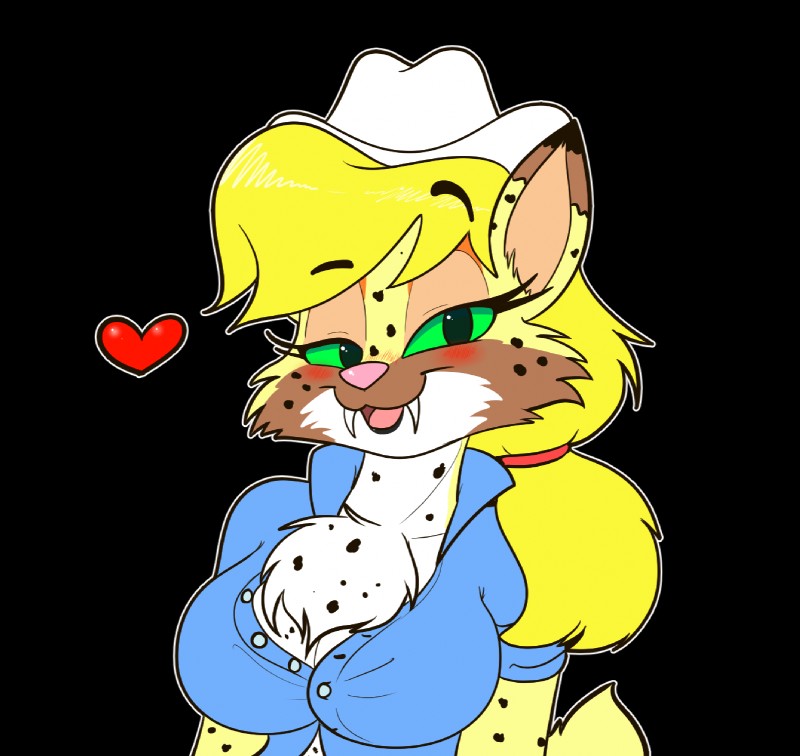 anthro blonde_hair blush breasts clothed clothing cowboy_hat fangs female hair half-closed_eyes hat headgear headwear heart_symbol narrowed_eyes redneck solo southern teeth outletdraws dixie_mae_carlisle_(character) bobcat felid feline lynx mammal alpha_channel hi_res