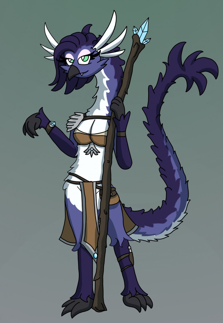 anthro beak big_tail biped black_beak bottomwear breasts cleavage clothed clothing countershade_feathers countershading eyelashes feathers female front_view green_background green_eyes hair holding_object holding_staff loincloth long_neck long_tail looking_at_viewer medium_breasts no_pupils non-mammal_breasts plantigrade purple_body purple_feathers purple_hair simple_background skimpy smile smiling_at_viewer snaggle_tooth solo staff standing tail tail_tuft tapering_tail thick_tail topwear tuft white_body white_countershading white_feathers rhp mythology fayma_(rhpenguin) avian dragon eastern_dragon hybrid mythological_creature mythological_scalie scalie 2022 cel_shading digital_drawing_(artwork) digital_media_(artwork) full-length_portrait hi_res portrait shaded