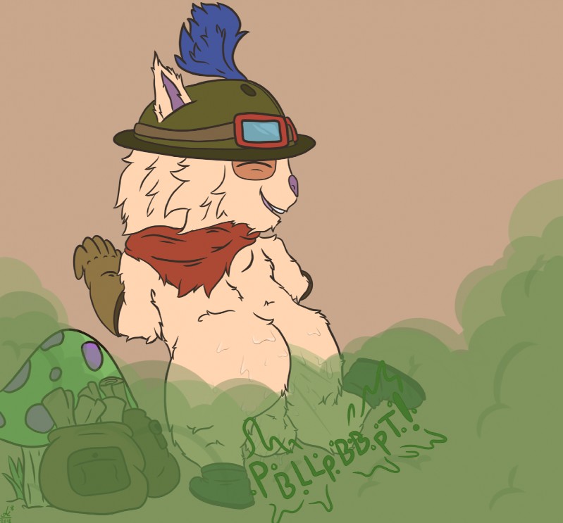 anthro backsack balls bodily_fluids boots butt clothing fart footwear fur genitals hat headgear headwear looking_at_viewer looking_back male nude open_mouth shoes simple_background smile solo sweat austrum league_of_legends riot_games tencent teemo_(lol) mammal yordle 2018 digital_media_(artwork) hi_res