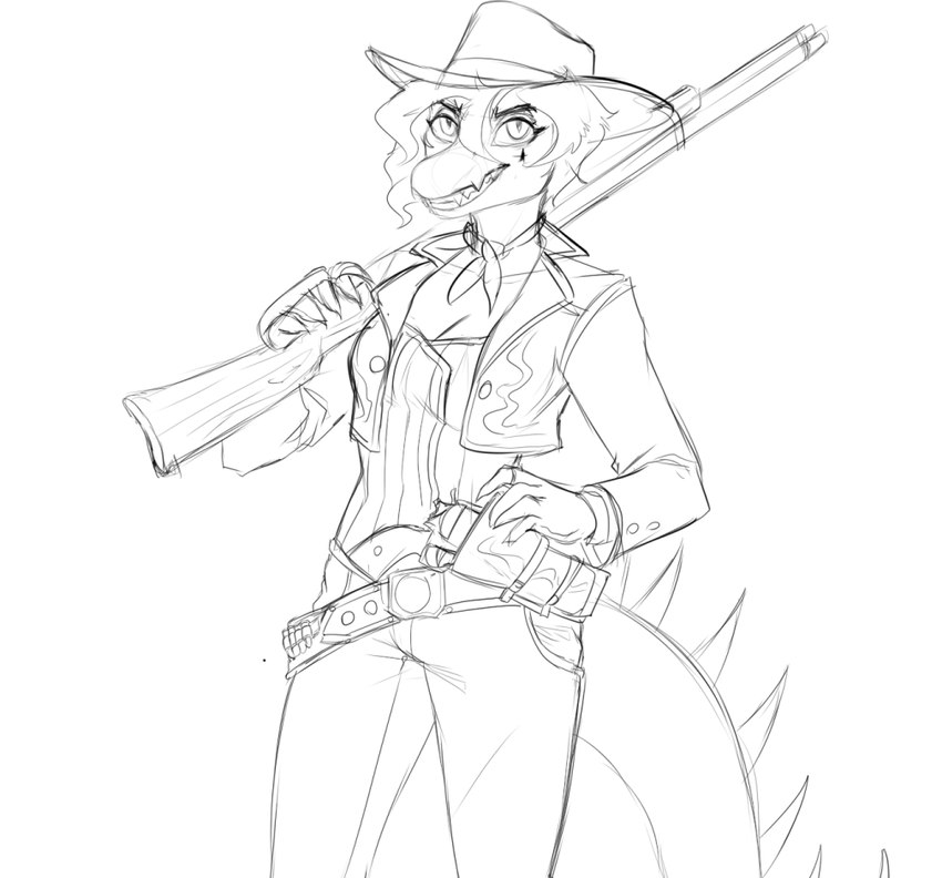 5_fingers alternate_costume anthro belt breasts claws cleavage clothed clothing cowboy_hat cowgirl_outfit crossgender eyelashes female finger_claws fingers gun gun_holster hair handgun hat headgear headwear holding_gun holding_object holding_ranged_weapon holding_shotgun holding_weapon holster jacket long_tail mtf_crossgender ranged_weapon revolver sharp_teeth short_hair shotgun smile snout solo spiked_tail spikes spikes_(anatomy) tail teeth topwear weapon prometheuzone goodbye_volcano_high nick_(gvh) baryonyx dinosaur prehistoric_species reptile scalie spinosaurid theropod 2024 monochrome