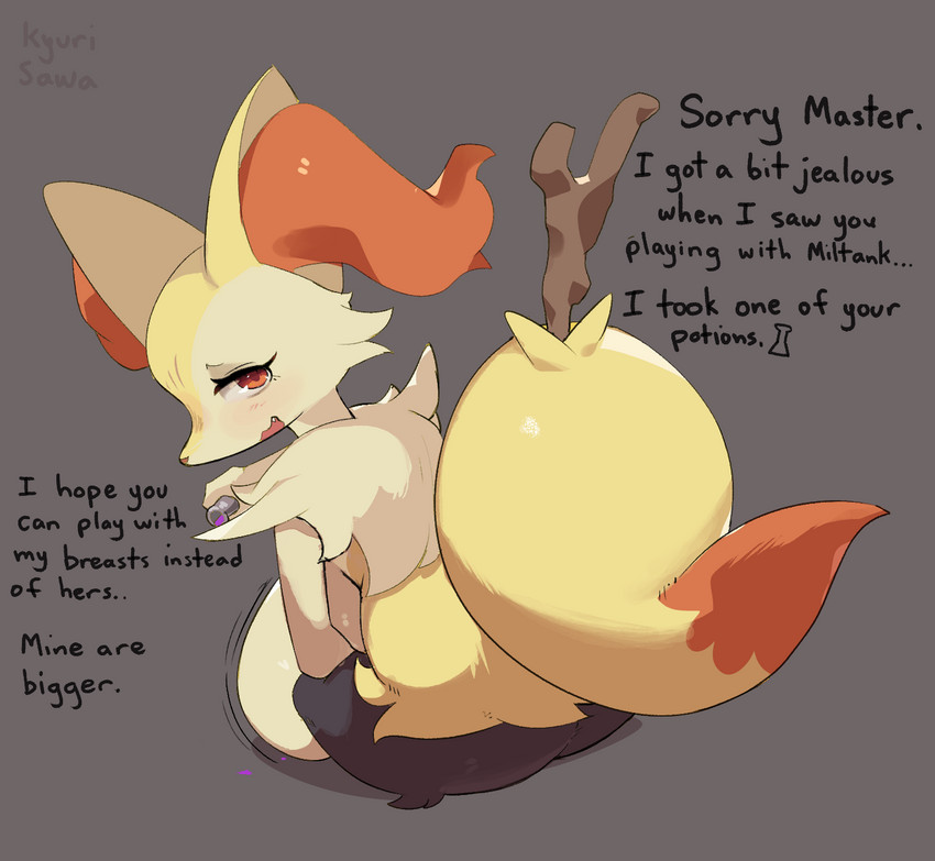 anthro breast_expansion breasts dialogue english_honorific expansion female fur holding_object holding_potion honorific looking_at_viewer looking_back master nude potion red_body red_fur simple_background solo species_in_dialogue text transformation yellow_body yellow_fur kyurisawa nintendo pokemon braixen canid canine generation_6_pokemon mammal pokemon_(species) 2020 english_text hi_res