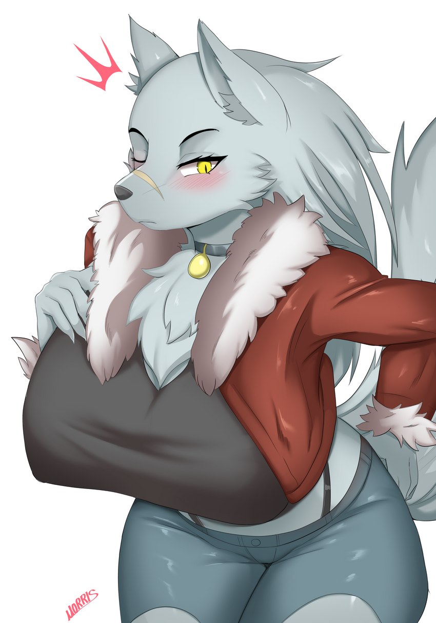 anthro black_eyebrows blush bottomwear breasts clothed clothing emanata eyebrows female fingers fur fur_trim_(clothing) grey_body grey_ears grey_fur grey_tail pupils red_clothing red_topwear slit_pupils solo tail topwear yellow_eyes morris_(artist) velvela canid canine canis mammal wolf 2022 absurd_res hi_res