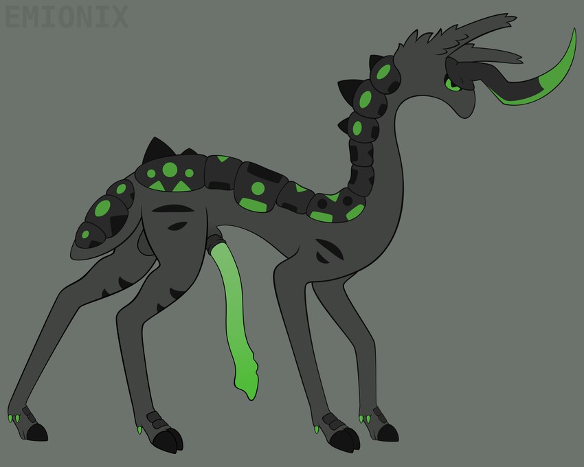 1_horn animal_genitalia animal_penis balls big_penis black_markings black_sclera black_scutes cloven_hooves darkened_balls darkened_genitalia darkened_sheath dewclaw_hooves feral fur genitals green_eyes green_markings green_penis grey_background grey_balls grey_body grey_fur grey_sheath half-erect hooves horn lidded_eyes long_ears long_neck long_penis male markings mouthless noseless penis pupils quadruped scutes sheath short_tail side_view simple_background slim slim_feral slim_male slit_pupils snout solo spikes spikes_(anatomy) standing striped_markings stripes tail tapering_snout text thick_tail thin_legs thin_penis toony unguligrade emionix pawn_(emx) hoofbeast omnigon omnitope absurd_res artist_name flat_colors hi_res nonbinary_(lore)