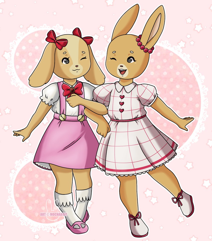 anthro clothed clothing dress duo female footwear jewelry necklace pattern_background ribbons shoes simple_background solo star-shaped_background mochabbit maple_town palm_town shin_maple_town_monogatari lory_(maple_town) patty_(maple_town) patty_rabbit rolly_(maple_town) canid canine canis domestic_dog lagomorph leporid mammal rabbit hi_res