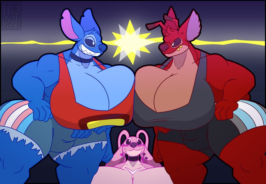 4_arms 4_fingers angry antennae_(anatomy) anthro anthrofied asymmetrical_breast_frottage big_breasts biped black_border blue_body blue_fur blue_nose blush bodily_fluids border bottomwear bra breast_squish breast_to_breast breasts breasts_frottage bulge chest_markings choker clothed clothing cross-popping_vein crossgender demiboy_pride_colors detailed_bulge dipstick_antennae ear_piercing ears_down eye_contact female fingers frown fur genital_outline grin group gynomorph gynomorph/gynomorph hand_on_hip head_tuft heart_piercing huge_breasts hyper hyper_breasts intersex intersex/intersex jewelry lgbt_pride lidded_eyes looking_at_another looking_up looking_up_at_another markings mtg_crossgender mti_crossgender multi_arm multi_limb multicolored_antennae multicolored_bottomwear multicolored_clothing multicolored_shorts muscular muscular_anthro muscular_gynomorph muscular_intersex necklace notched_ear outline piercing pink_body pink_inner_ear pivoted_ears pride_color_bottomwear pride_color_clothing pride_color_shorts pride_colors pupils purple_inner_ear red_body red_fur red_nose sheath_outline shorts smile smirk sports_bra squish sweat thick_thighs torn_clothing transgender_pride_colors trio tuft underwear white_pupils wide_hips theobii disney lilo_and_stitch angel_(lilo_and_stitch) leroy_(lilo_and_stitch) stitch_(lilo_and_stitch) alien experiment_(lilo_and_stitch) 2023 absurd_res digital_drawing_(artwork) digital_media_(artwork) hi_res watermark