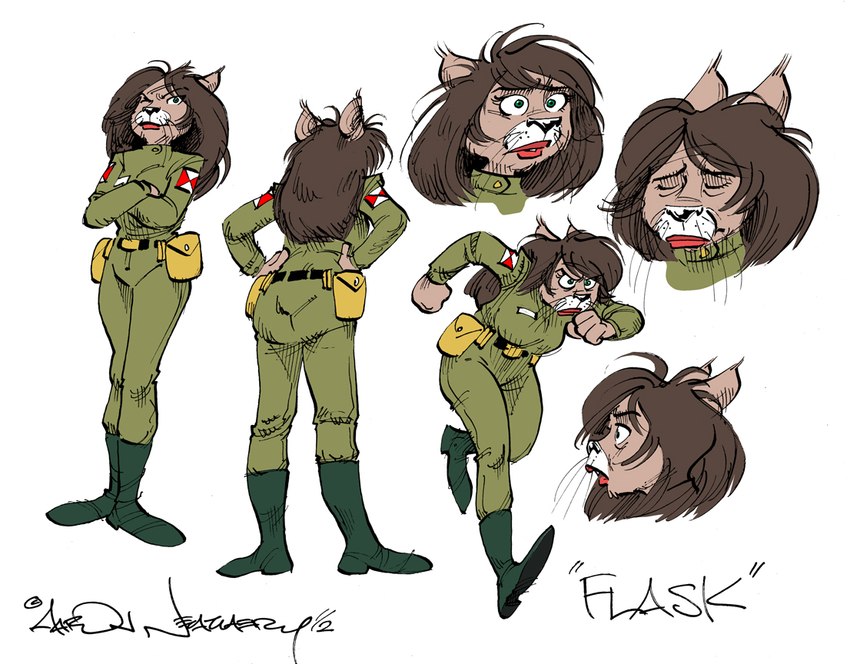 angry anthro brown_body brown_fur brown_hair clothed clothing crossed_arms determined female fully_clothed fully_clothed_anthro fur hair larger_female sad size_difference solo whiskers aaron_neathery endtown philomena_flask felid feline mammal model_sheet