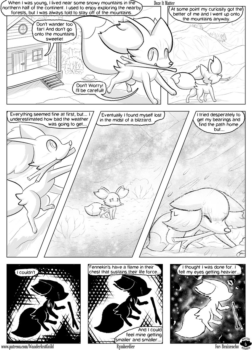 cabin dialogue dramatic_lighting feral lost male mountain plant shrub snow solo speech_bubble stick text rymherdier nintendo pokemon pokemon_mystery_dungeon spike_chunsoft wanderlust koru_(braixenchu) fennekin generation_6_pokemon pokemon_(species) absurd_res comic english_text greyscale hi_res monochrome url