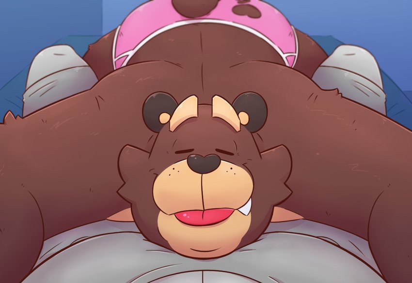 anthro bed brown_body brown_fur clothing cute_fangs duo eyes_closed fangs fur furniture male overweight overweight_male teeth tongue tongue_out underwear leothelionel the_human_heart_(game) cade_maplebottom bear mammal 2021