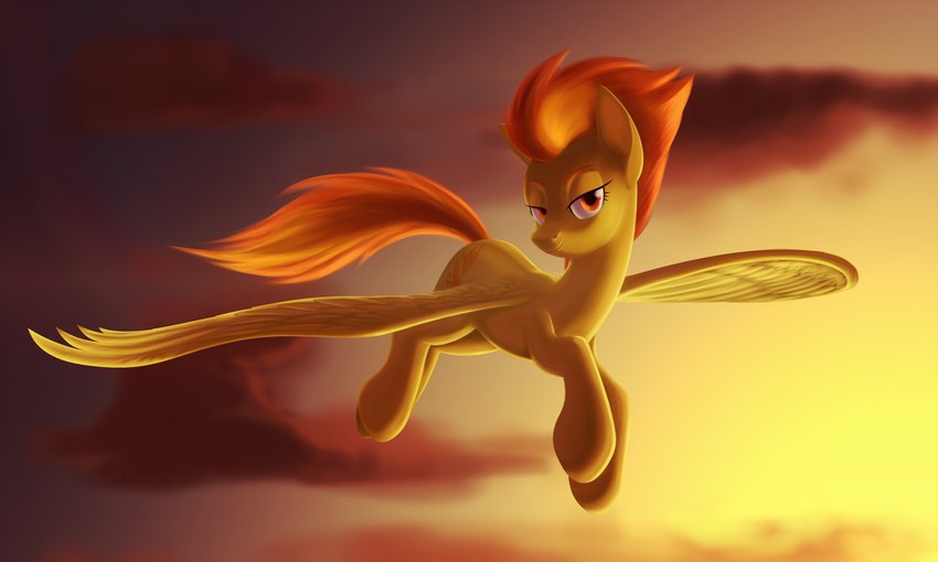 bedroom_eyes cutie_mark eyelashes feathered_wings feathers female feral flying hair half-closed_eyes lidded_eyes narrowed_eyes orange_eyes orange_hair orange_tail seductive smile solo spread_wings sunset tail wings yellow_body yellow_feathers askometa friendship_is_magic hasbro my_little_pony mythology spitfire_(mlp) wonderbolts_(mlp) equid equine mammal mythological_creature mythological_equine pegasus 2018 5:3 digital_media_(artwork)