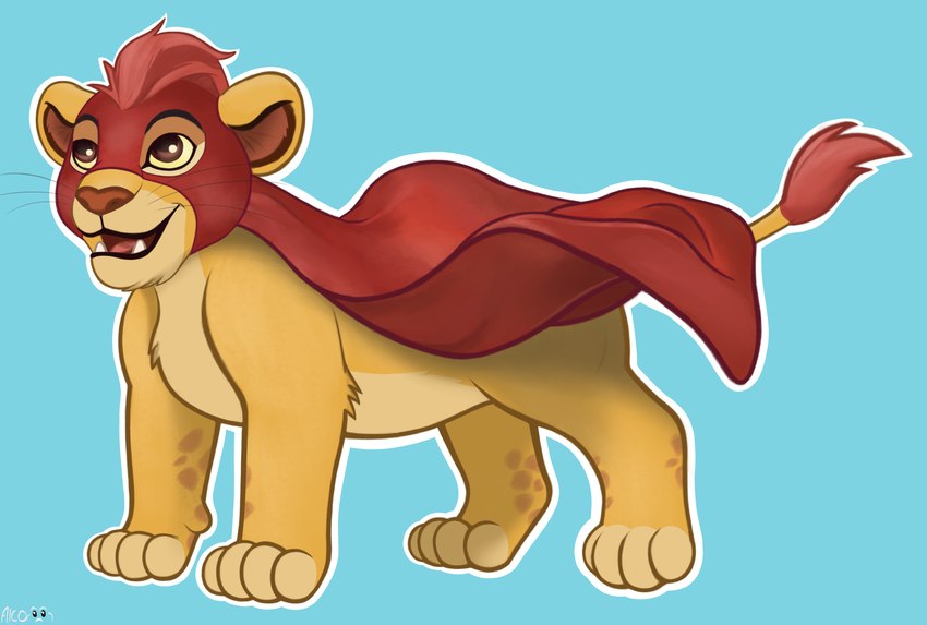 cape clothing ears_up fandom fur glistening glistening_eyes hair happy hero shadow simple_background smile superhero tuft yellow_body yellow_fur young alcosaurusrex disney the_lion_guard the_lion_king kion_(the_lion_guard) felid feline lion mammal pantherine absurd_res digital_media_(artwork) hi_res