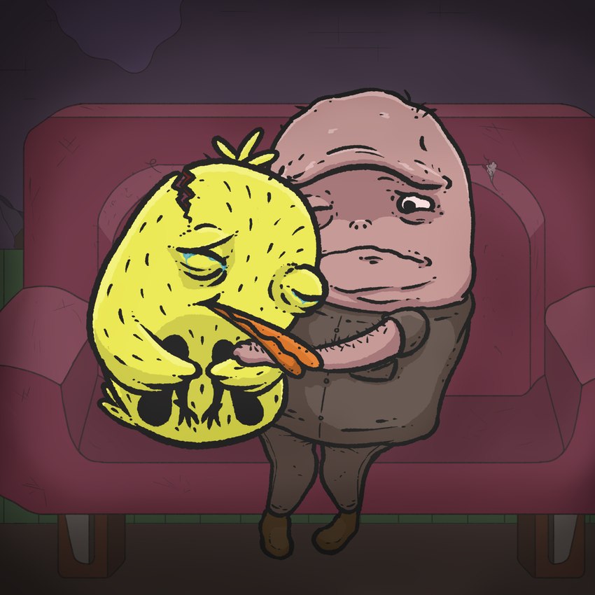 anthro bald bodily_fluids comforting comforting_another duo feathers furniture head_tuft hug knees_pulled_up male male/male orange_bill simple_background slightly_chubby slightly_chubby_male sofa tail tail_feathers tears tuft yellow_body yellow_feathers somesoup crack-duck crack_duck skiltch anatid anseriform avian bird duck human mammal 1:1 absurd_res hi_res