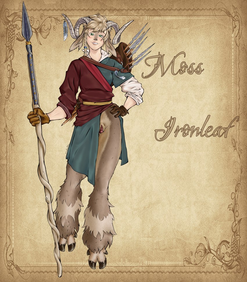 anthro big_clitoris blonde_hair breasts brown_body brown_fur clitoris female flat_nose floppy floppy_ears fur genitals hair hooves horn medieval_clothing melee_weapon polearm pussy small_breasts solo spear swollen_vulva weapon jacky.blue dungeons_and_dragons hasbro wizards_of_the_coast moss_ironleaf_(character) bovid caprine goat humanoid hybrid mammal satyr hi_res trans_(lore) trans_man_(lore)