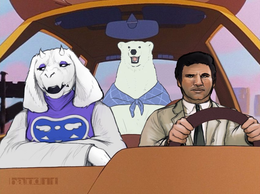 annoyed anthro car clothing female group hankerchief happy inside_car inside_vehicle jacket makeup male necktie purple_clothing serious serious_face topwear trio vehicle white_clothing band1tnsfw columbo_(series) comfort_character_car deltarune shirokuma_cafe undertale undertale_(series) columbo shirokuma toriel bear boss_monster_(undertale) bovid caprine goat human mammal polar_bear ursine absurd_res digital_drawing_(artwork) digital_media_(artwork) draw_over hi_res meme