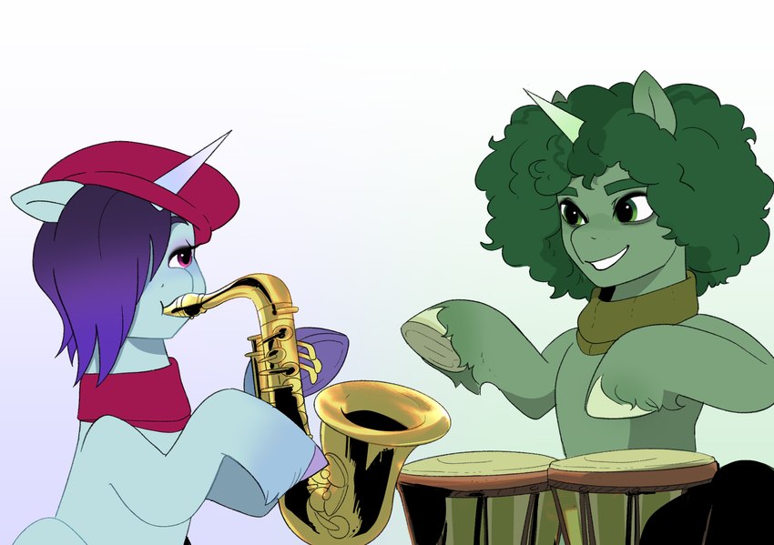 beret blue_body blue_hair clothing drum drum_set duo female feral gradient_hair green_body green_hair hair hat headgear headwear hooves horn musical_instrument percussion_instrument saxophone scarf simple_background white_background wind_instrument woodwind_instrument aztrial hasbro my_little_pony mythology dapple_(mlp) onyx_(mlp) equid equine mammal mythological_creature mythological_equine unicorn hi_res