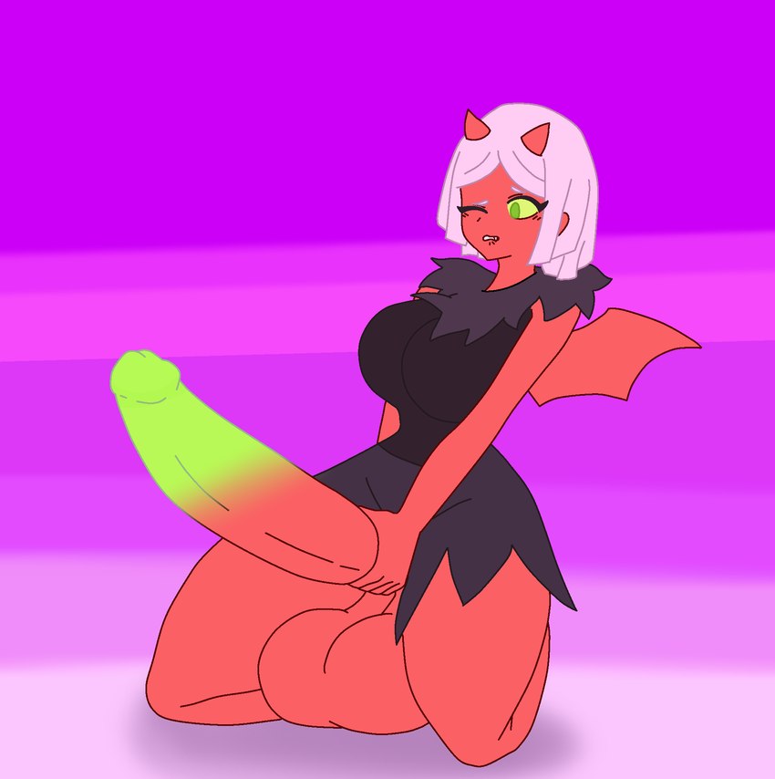 big_breasts big_penis breasts clothed clothing genitals green_eyes green_penis gynomorph hair hyper hyper_genitalia intersex legwear masturbation membrane_(anatomy) membranous_wings not_furry penis pink_hair red_body red_skin solo thigh_highs wide_hips wings jasper_the_bat_(artist) squad_busters supercell_(company) battle_healer_(clash_royale) demon human mammal hi_res